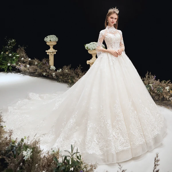 Classy Ivory Wedding Dresses 2020 Ball Gown High Neck Beading Sequins Lace Flower 3/4 Sleeve Backless Chapel Train