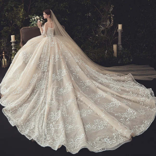 Luxury / Gorgeous Ivory Beading Wedding Dresses 2020 Ball Gown Scoop Neck Lace Flower Appliques Pearl Sequins 3/4 Sleeve Backless Cathedral Train