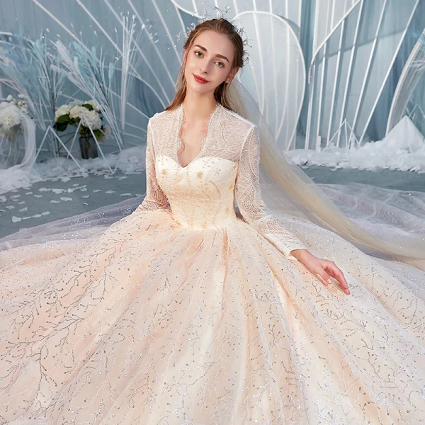 Charming Champagne Wedding Dresses 2020 Ball Gown V-Neck Sequins Lace Flower Long Sleeve Backless Cathedral Train