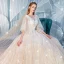 Scintillantes Champagne Paillettes Robe De Mariée 2020 Robe Boule V-Cou Perlage 1/2 Manches Dos Nu Cathedral Train