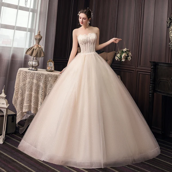 Fashion Champagne Corset Wedding Dresses 2020 Ball Gown Strapless Glitter Tulle Lace Flower Sleeveless Backless Floor-Length / Long