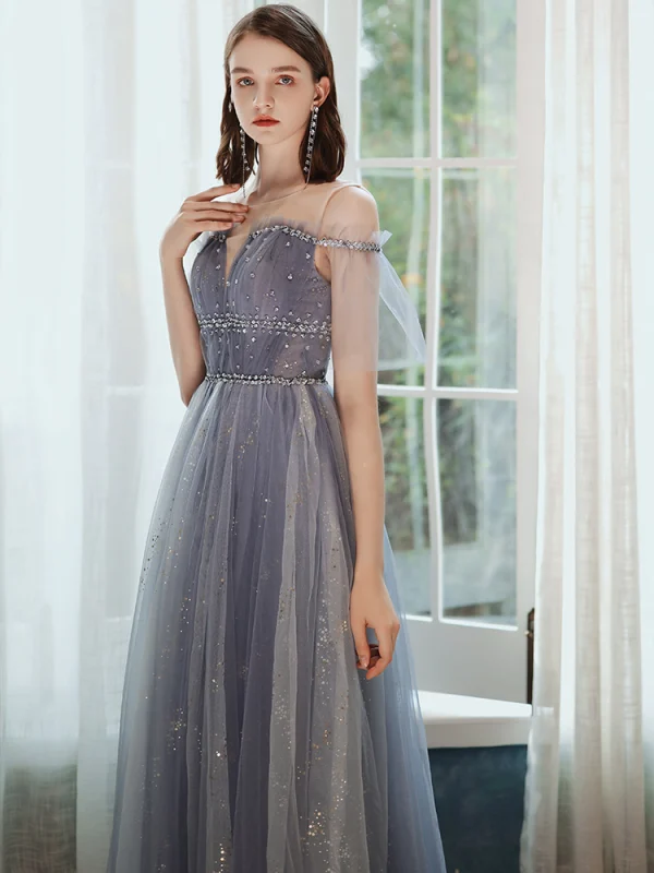 Chic / Beautiful Purple Prom Dresses 2020 A-Line / Princess Scoop Neck Beading Sequins Floor-Length / Long Short Sleeve Backless Formal Dresses