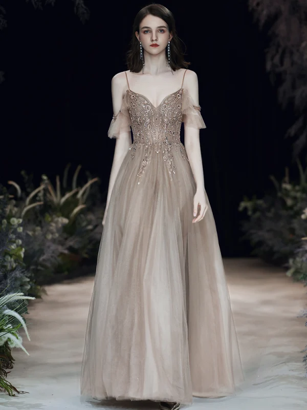 Fashion Brown Evening Dresses  2020 A-Line / Princess Spaghetti Straps Beading Rhinestone Sequins Sleeveless Backless Floor-Length / Long Formal Dresses