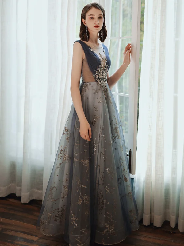 Chic / Belle Océan Bleu Robe De Bal 2020 Princesse Encolure Dégagée Perlage Glitter Paillettes En Dentelle Fleur Faux Diamant Sans Manches Dos Nu Longue Robe De Ceremonie
