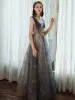 Chic / Beautiful Ocean Blue Prom Dresses 2020 A-Line / Princess Scoop Neck Beading Glitter Sequins Lace Flower Rhinestone Sleeveless Backless Floor-Length / Long Formal Dresses