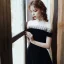 Elegant Black Prom Dresses 2020 A-Line / Princess Spotted Off-The-Shoulder Suede Sleeveless Backless Tea-length Formal Dresses