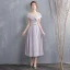 Chic / Beautiful Grey Homecoming Graduation Dresses 2018 A-Line / Princess Rhinestone Sash Scoop Neck Short Sleeve Tea-length Formal Dresses