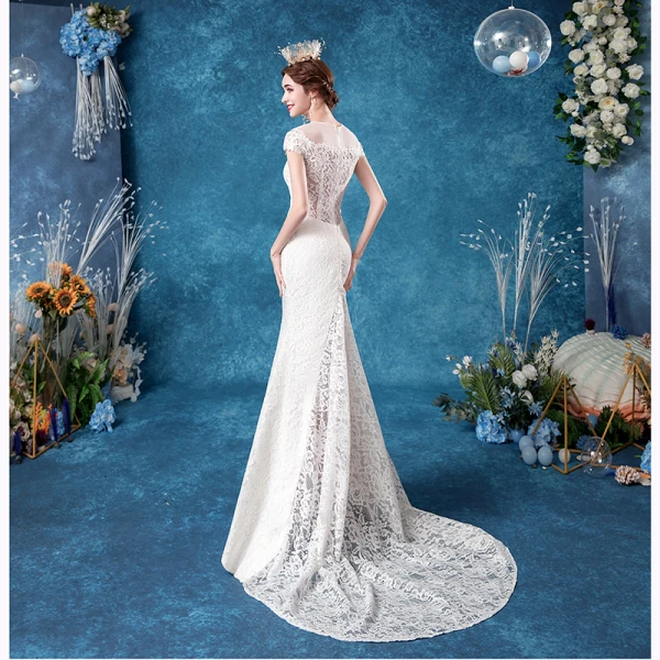 Elegant Ivory Lace Wedding Dresses 2020 Trumpet / Mermaid Scoop Neck Lace Flower Cap Sleeves Backless Sweep Train