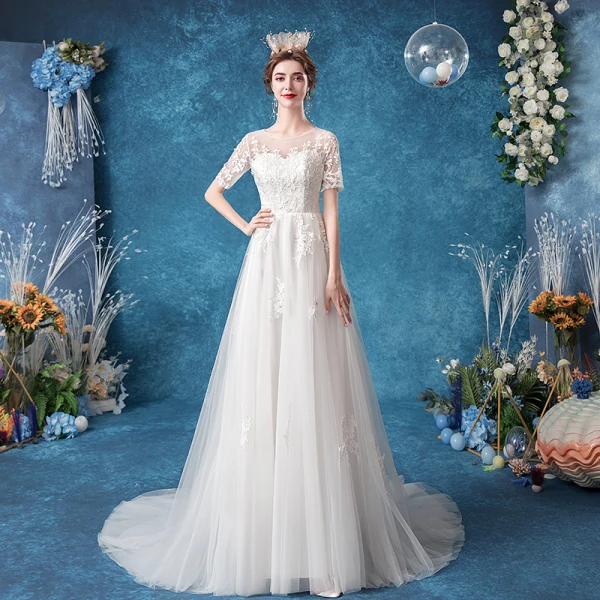 Élégant Ivoire Robe De Mariée 2020 Princesse Encolure Dégagée Faux Diamant En Dentelle Fleur Manches Courtes Tribunal Train