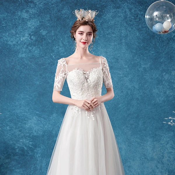 Elegante Ivory / Creme Brautkleider / Hochzeitskleider 2020 A Linie Eckiger Ausschnitt Strass Spitze Blumen Kurze Ärmel Rückenfreies