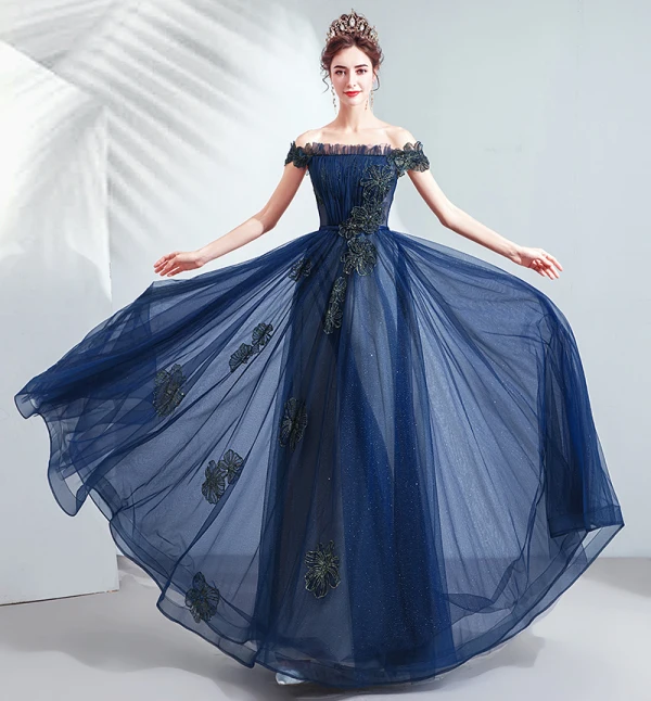 Vintage / Retro Navy Blue Prom Dresses 2020 A-Line / Princess Ruffle Off-The-Shoulder Crystal Glitter Tulle Short Sleeve Backless Floor-Length / Long Formal Dresses