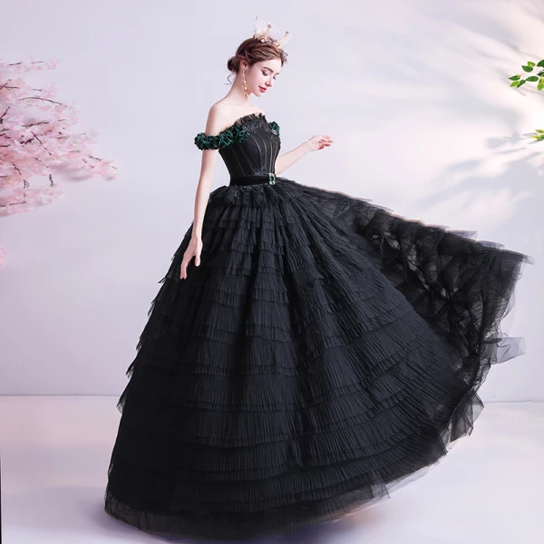 Classy Black Cascading Ruffles Prom Dresses 2020 Ball Gown Ruffle Off-The-Shoulder Rhinestone Lace Flower Sleeveless Backless Floor-Length / Long Formal Dresses