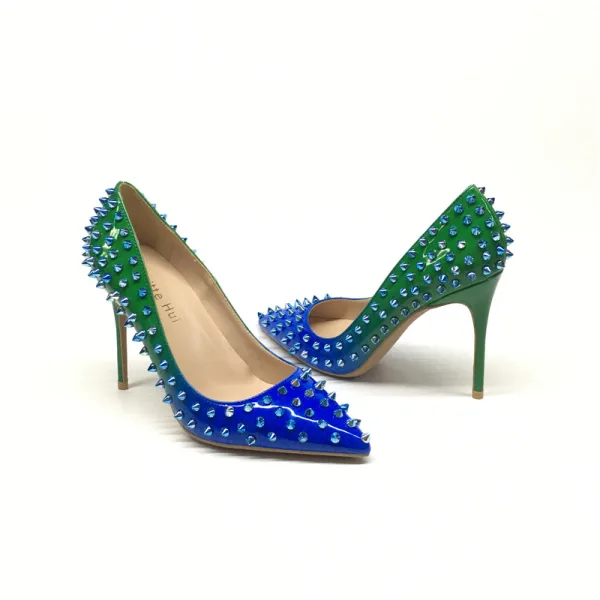 Chic / Beautiful Dark Green Royal Blue Evening Party Pumps 2020 Rivet 10 cm Stiletto Heels Pointed Toe Pumps