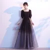 Classy Starry Sky Black Prom Dresses 2020 A-Line / Princess Square Neckline Star Sequins Bow 1/2 Sleeves Backless Floor-Length / Long Formal Dresses