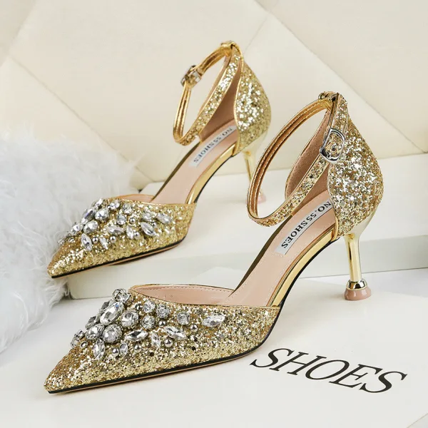 Błyszczące Srebrny Cekiny Wieczorowe Wysokie Obcasy 2020 Rhinestone 6 cm Szpilki Szpiczaste Buty Damskie