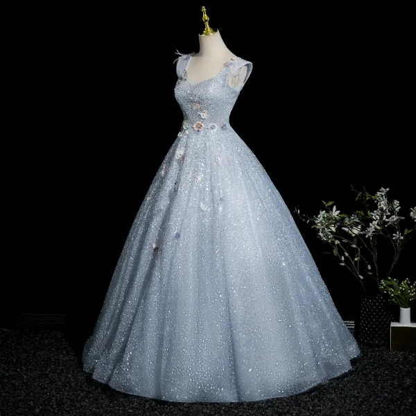 Charming Sky Blue Beading Sequins Appliques Prom Dresses 2025 Ball Gown Square Neckline Sleeveless Backless Floor-Length / Long Prom Formal Dresses