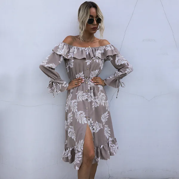 Mode Sommer Strassenmode Drucken Marineblau Damen Kleider 2021 Off Shoulder Verdeckter Knopf 3/4 Ärmel Rückenfreies Wadenlang