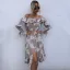 Mode Sommer Strassenmode Drucken Marineblau Damen Kleider 2021 Off Shoulder Verdeckter Knopf 3/4 Ärmel Rückenfreies Wadenlang