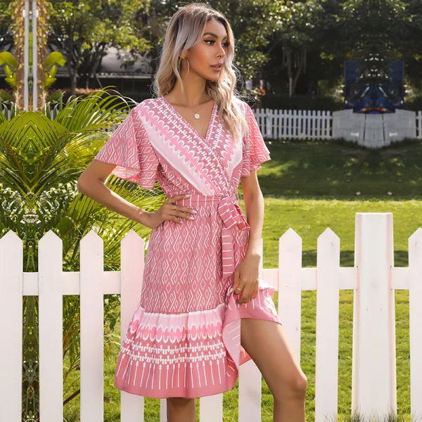 Summer Street Wear Resort Wear Beach Sky Blue Printing Women Dresses 2021 V-Neck Short Sleeve Sash