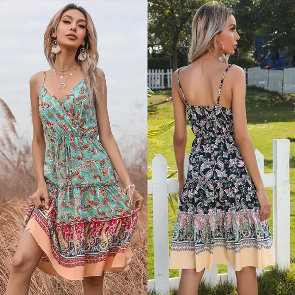 Été Bleu Marine Vêtements de vacances Vêtement de rue Plage Floral Femme Robes 2021 Chiffon Bretelles Spaghetti Manches Longues Dos Nu