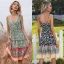 Été Bleu Marine Vêtements de vacances Vêtement de rue Plage Floral Femme Robes 2021 Chiffon Bretelles Spaghetti Manches Longues Dos Nu