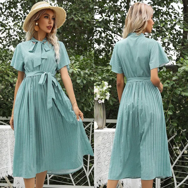 Fashion Summer Street Wear Mint Green Bow Women Dresses 2021 V-Neck Sash Short Sleeve Tea-length