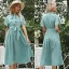 Fashion Summer Street Wear Mint Green Bow Women Dresses 2021 V-Neck Sash Short Sleeve Tea-length