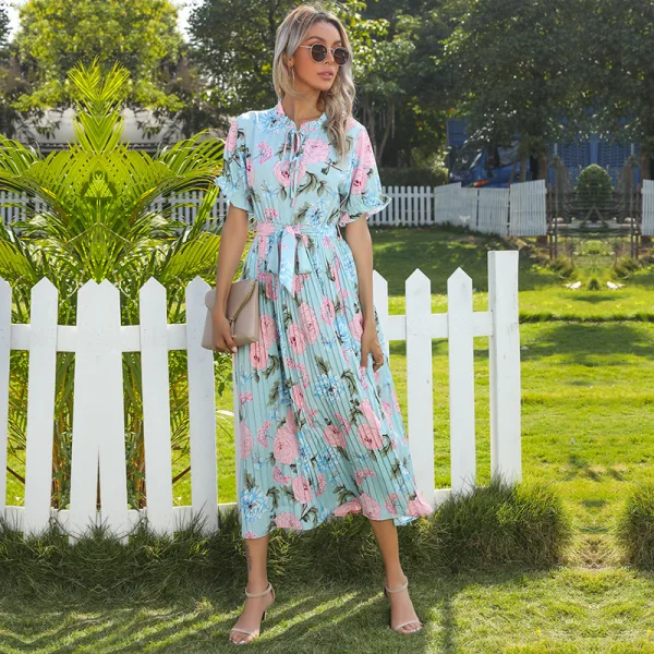 Summer Blushing Pink Street Wear Printing Maxi Dresses 2021 Scoop Neck Bow Sash Short Sleeve Tea-length Women Dresses