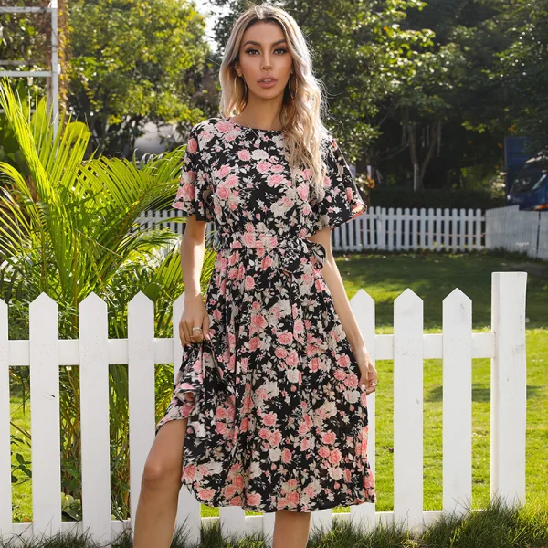 Summer Street Wear Floral Pool Blue Women Dresses 2021 Scoop Neck Short Sleeve Sash Tea-length