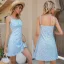 Sexy Été Bleu Ciel Plage Vêtement de rue Floral Femme Courte Robes 2021 Chiffon Bretelles Spaghetti Sans Manches Dos Nu