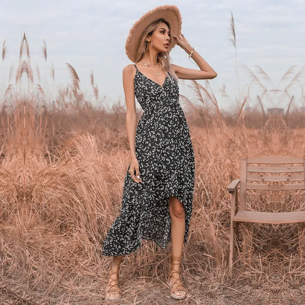 Été Vêtement de rue Floral Noire Robes longues 2021 Bretelles Spaghetti Chiffon Sans Manches Thé Longueur Femme Robes