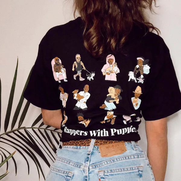 Casual Summer Black Loose Cartoon Printing Cotton T-Shirts 2021 Scoop Neck Short Sleeve Women's Tops T-shirt