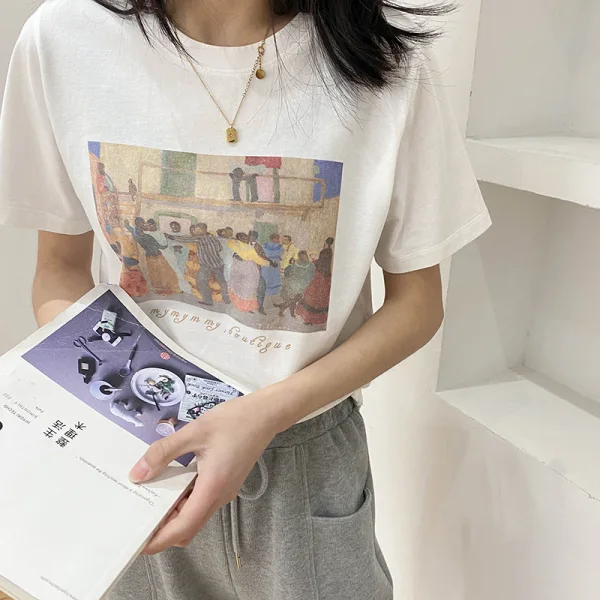 Casual Summer Cartoon Printing Grey Loose T-Shirts 2021 Cotton Scoop Neck Short Sleeve Women's Tops