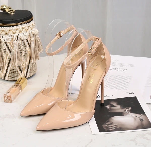 Sexy Fashion Black Cocktail Party Evening Party Womens Shoes 2021 Patent Leather Ankle Strap 12 cm Stiletto Heels Pointed Toe Womens Shoes High Heels