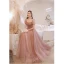 Vintage / Originale Rougissant Rose Glitter Perlage Paillettes Robe De Soirée 2021 Princesse Appliques Encolure Carrée Manches Courtes Dos Nu Longue Soirée Robe De Ceremonie
