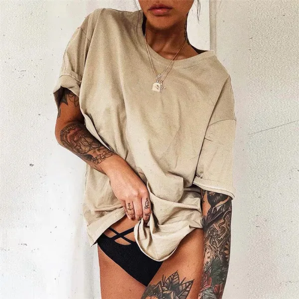 Casual Summer Solid Color Khaki Tops T-Shirts 2021 Cotton Scoop Neck Short Sleeve Women's Tops T-shirt