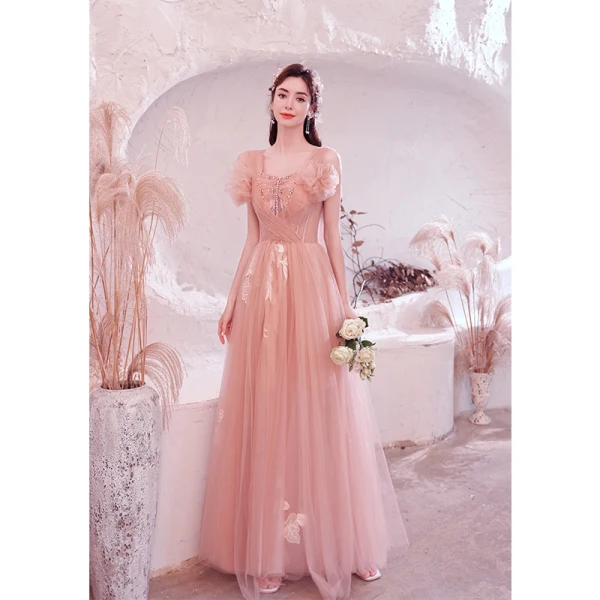 Charming Blushing Pink Pleated Evening Dresses 2021 A-Line / Princess Crossed Straps Pearl Rhinestone Square Neckline Sleeveless Backless Floor-Length / Long Evening Party Formal Dresses