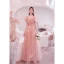 Charming Blushing Pink Pleated Evening Dresses 2021 A-Line / Princess Crossed Straps Pearl Rhinestone Square Neckline Sleeveless Backless Floor-Length / Long Evening Party Formal Dresses