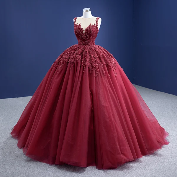 Haut de Gamme Bordeaux Perlage Perle Paillettes En Dentelle Fleur Robe De Bal 2021 Robe Boule Encolure Dégagée Manches Longues Dos Nu Tribunal Train Robe De Ceremonie