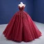 Haut de Gamme Bordeaux Perlage Perle Paillettes En Dentelle Fleur Robe De Bal 2021 Robe Boule Encolure Dégagée Manches Longues Dos Nu Tribunal Train Robe De Ceremonie
