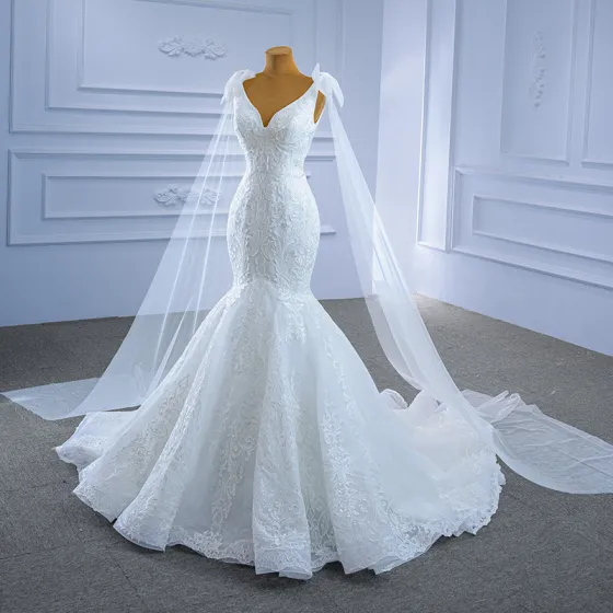 High-end White Lace Flower Wedding Dresses 2021 Trumpet / Mermaid V-Neck Long Sleeve Backless Court Train Wedding