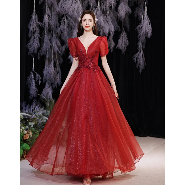Charming Burgundy Glitter Evening Dresses 2021 A-Line / Princess V-Neck Beading Sequins Short Sleeve Backless Floor-Length / Long Formal Dresses