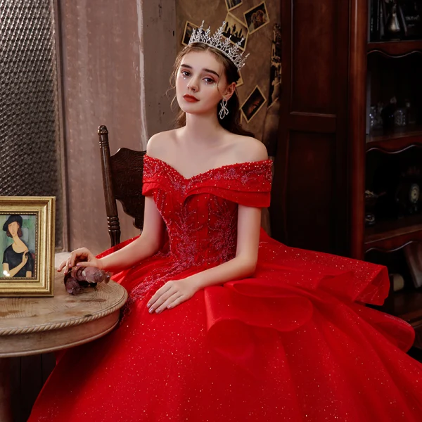 Charming Red Glitter Beading Cascading Ruffles Wedding Dresses 2021 Ball Gown Off-The-Shoulder Short Sleeve Backless Royal Train Wedding