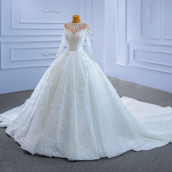Luxury / Gorgeous High-end Ivory Glitter Beading Crystal Rhinestone Wedding Dresses 2021 Ball Gown High Neck Appliques Sequins 3/4 Sleeve Royal Train