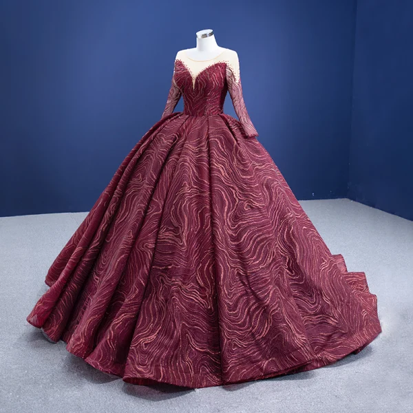 High-end Burgundy Beading Sequins Prom Dresses 2021 Scoop Neck Long Sleeve Court Train Prom Formal Dresses