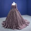 High End Kaffee Glanz Pailletten Ballkleider 2021 Ballkleid Eckiger Ausschnitt Lange Ärmel Hof-Schleppe Ball Festliche Kleider