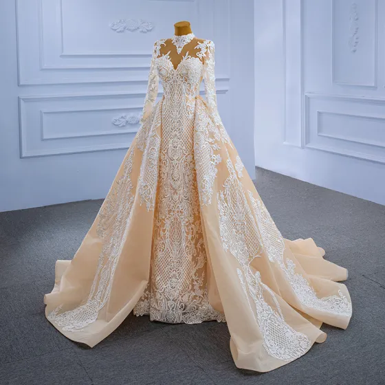 High-end Champagne Pearl Lace Flower Wedding Dresses 2021 Trumpet / Mermaid High Neck Long Sleeve Floor-Length / Long Wedding