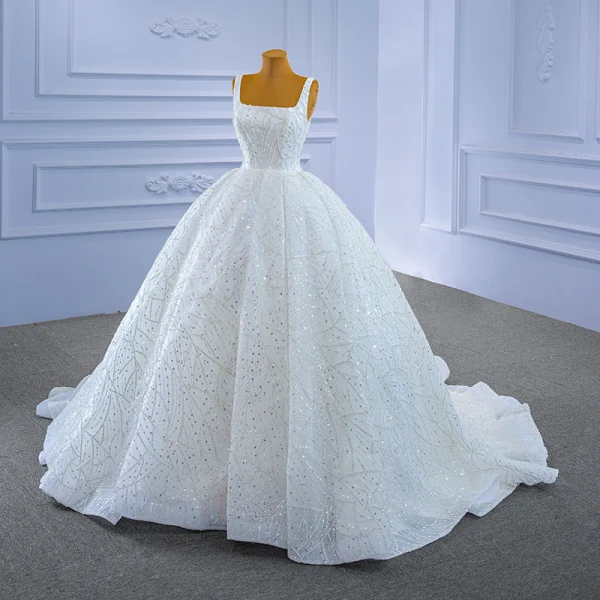 High End Charmant Ivory / Creme Perlenstickerei Strass Pailletten Brautkleider / Hochzeitskleider 2021 Ballkleid Eckiger Ausschnitt Lange Ärmel Rückenfreies Hof-Schleppe Hochzeit