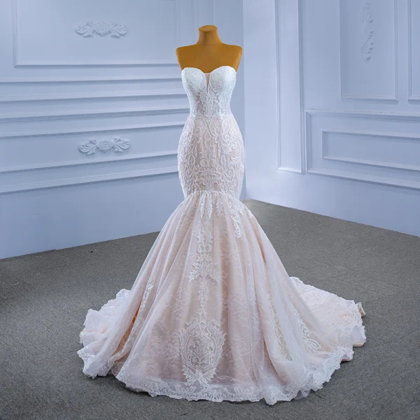 Charming Champagne Beading Lace Flower Wedding Dresses 2021 Trumpet / Mermaid Strapless Long Sleeve Backless Court Train Wedding
