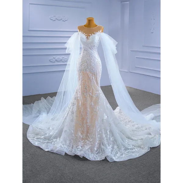 High-end Charming White Watteau Train Wedding Dresses 2021 Trumpet / Mermaid Scoop Neck Beading Pearl Sequins Lace Flower Sleeveless Chapel Train Wedding